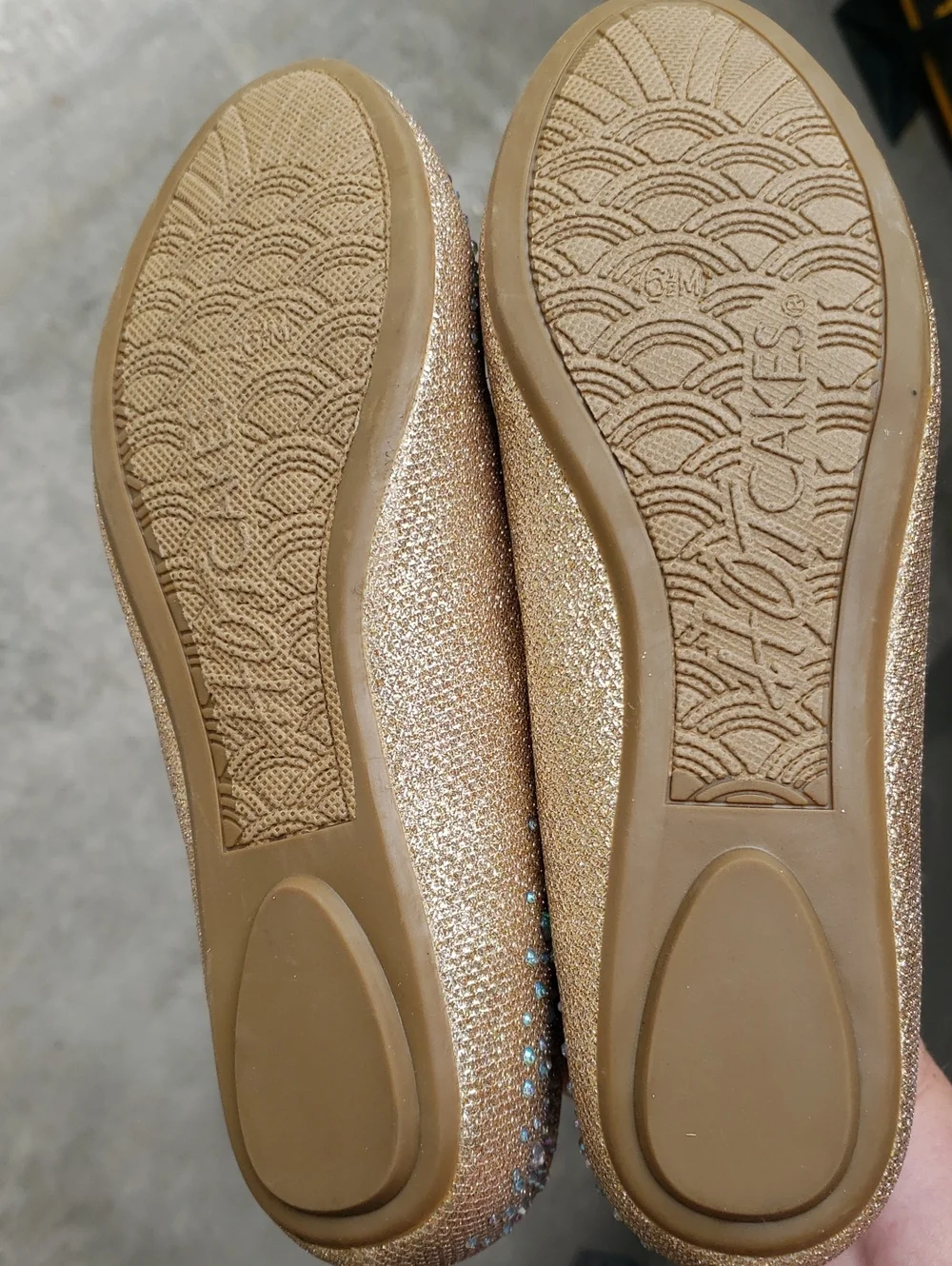 Gold Round Toe Flats with Rhinestones. Women's 6.5